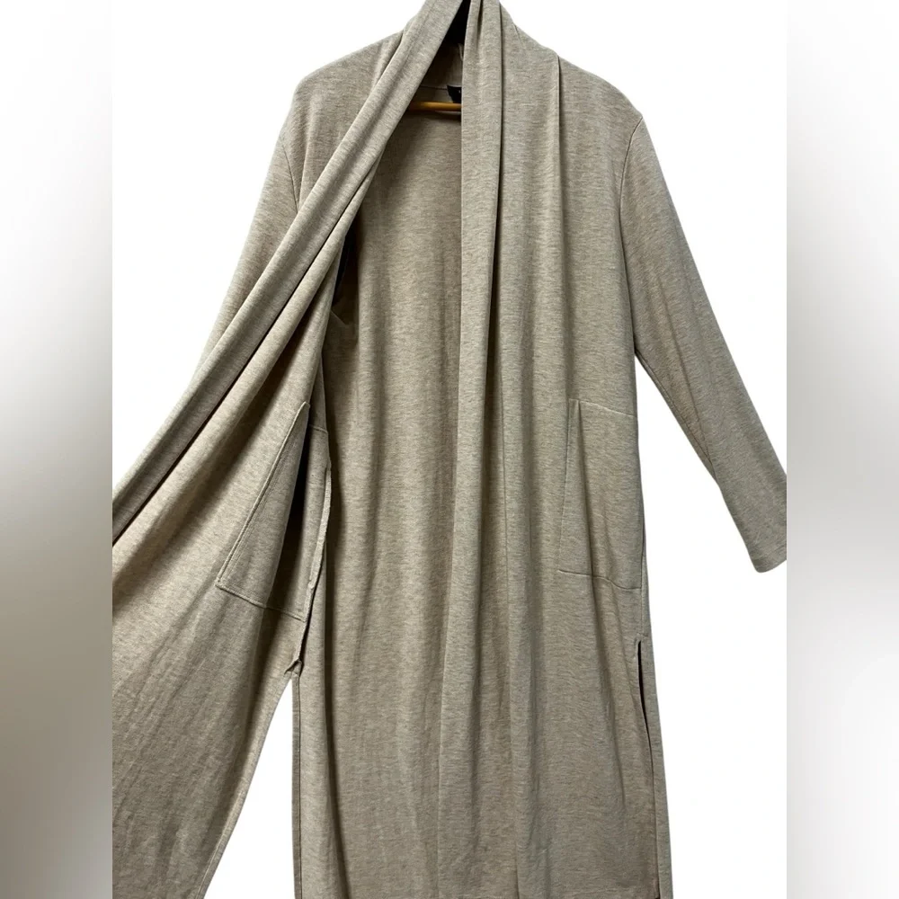 Karen Kane Oat Long Open Front Cardigan Sweater Side Slits Pockets Womens L